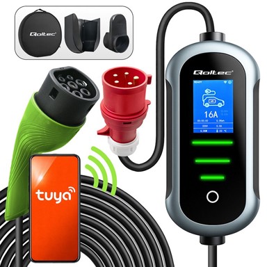 QOLTEC Prijenosni punjač za električni automobil EV i hybryd s regulacijom 2 u 1 Typ2 | 7 kW | 230 V | CEE 32 A | Wi-fi | TUYA | SMART LIFE | LCD | Przenośna | zidna punionica |, 5 m